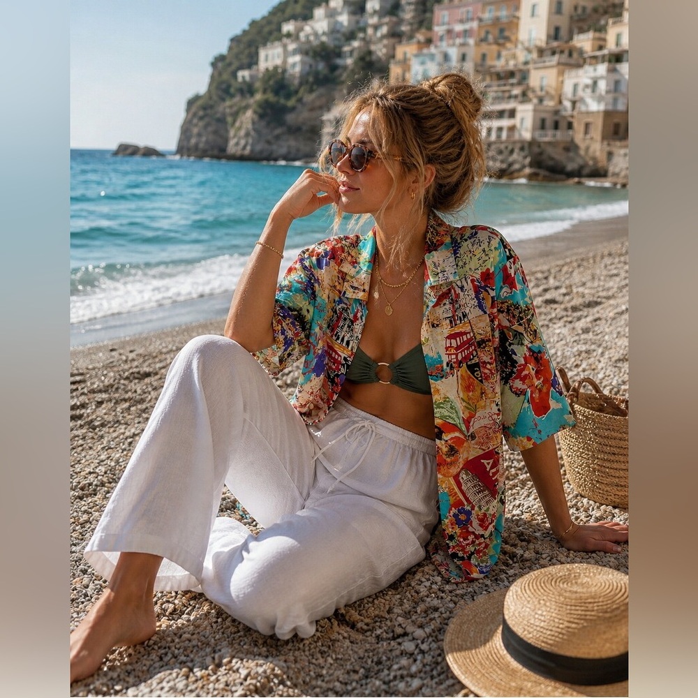Bright Artsy Vacation & Travel Themed Lightweight Button-Up Top